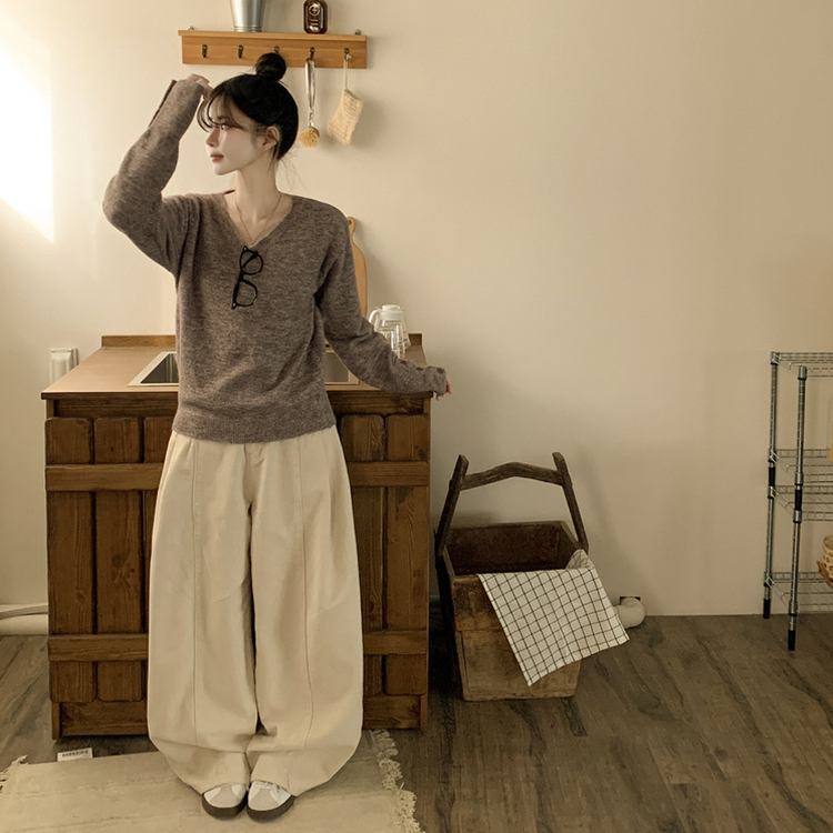 울함유 폭닥 포근 브이넥 소매단추 루즈핏 브이넥 워머 겨울 울니트 브라운