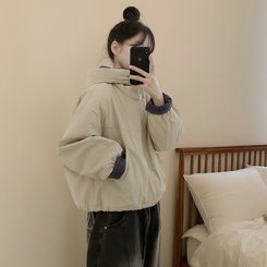 체크배색 양털 퍼후리스 누빔 퀄팅 오버핏 스트링 겨울점퍼 후드패딩 숏야상 자켓 아이보리