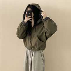 체크배색 양털 퍼후리스 누빔 퀄팅 오버핏 스트링 겨울점퍼 후드패딩 숏야상 자켓 카키