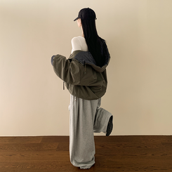 체크배색 양털 퍼후리스 누빔 퀄팅 오버핏 스트링 겨울점퍼 후드패딩 숏야상 자켓 카키