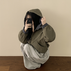 체크배색 양털 퍼후리스 누빔 퀄팅 오버핏 스트링 겨울점퍼 후드패딩 숏야상 자켓 카키