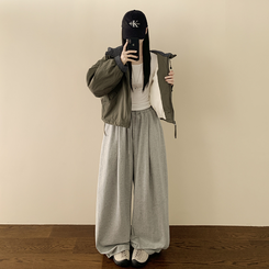 체크배색 양털 퍼후리스 누빔 퀄팅 오버핏 스트링 겨울점퍼 후드패딩 숏야상 자켓 카키