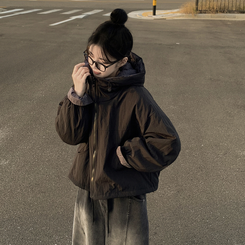 체크배색 양털 퍼후리스 누빔 퀄팅 오버핏 스트링 겨울점퍼 후드패딩 숏야상 자켓 블랙