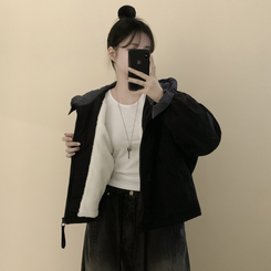 체크배색 양털 퍼후리스 누빔 퀄팅 오버핏 스트링 겨울점퍼 후드패딩 숏야상 자켓 블랙