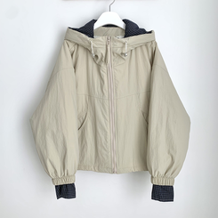 체크배색 양털 퍼후리스 누빔 퀄팅 오버핏 스트링 겨울점퍼 후드패딩 숏야상 자켓