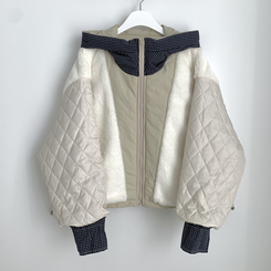 체크배색 양털 퍼후리스 누빔 퀄팅 오버핏 스트링 겨울점퍼 후드패딩 숏야상 자켓