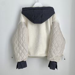 체크배색 양털 퍼후리스 누빔 퀄팅 오버핏 스트링 겨울점퍼 후드패딩 숏야상 자켓