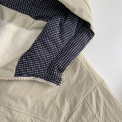 체크배색 양털 퍼후리스 누빔 퀄팅 오버핏 스트링 겨울점퍼 후드패딩 숏야상 자켓