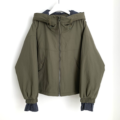 체크배색 양털 퍼후리스 누빔 퀄팅 오버핏 스트링 겨울점퍼 후드패딩 숏야상 자켓