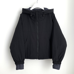 체크배색 양털 퍼후리스 누빔 퀄팅 오버핏 스트링 겨울점퍼 후드패딩 숏야상 자켓