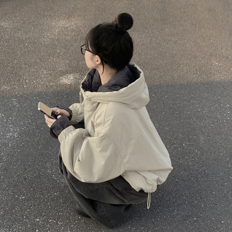 체크배색 양털 퍼후리스 누빔 퀄팅 오버핏 스트링 겨울점퍼 후드패딩 숏야상 자켓 아이보리