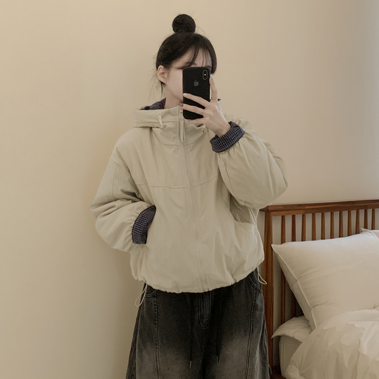 체크배색 양털 퍼후리스 누빔 퀄팅 오버핏 스트링 겨울점퍼 후드패딩 숏야상 자켓 아이보리