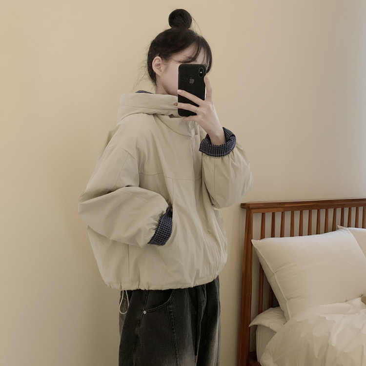 체크배색 양털 퍼후리스 누빔 퀄팅 오버핏 스트링 겨울점퍼 후드패딩 숏야상 자켓 아이보리