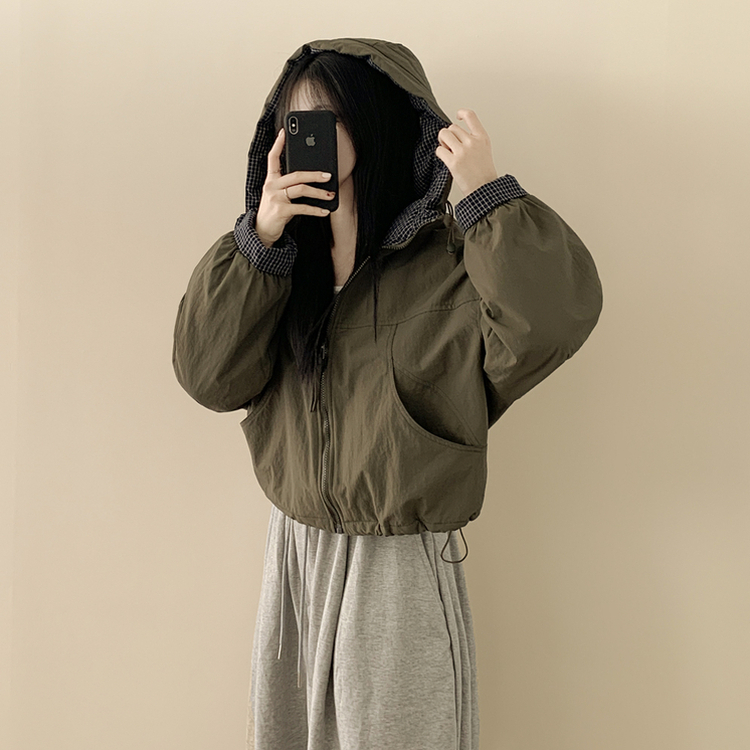 체크배색 양털 퍼후리스 누빔 퀄팅 오버핏 스트링 겨울점퍼 후드패딩 숏야상 자켓 카키