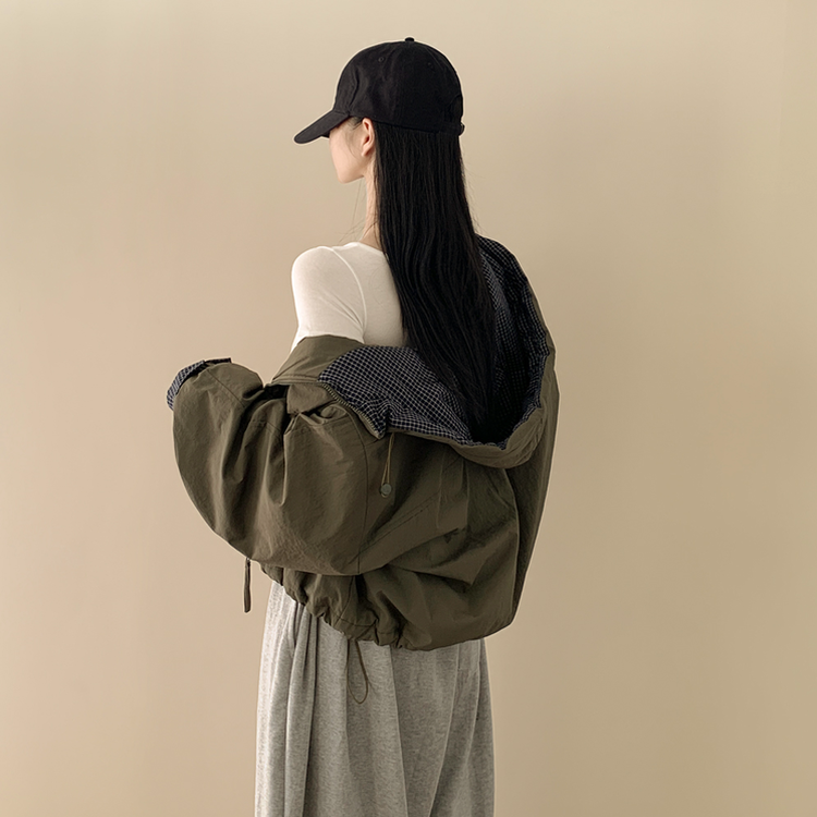 체크배색 양털 퍼후리스 누빔 퀄팅 오버핏 스트링 겨울점퍼 후드패딩 숏야상 자켓 카키