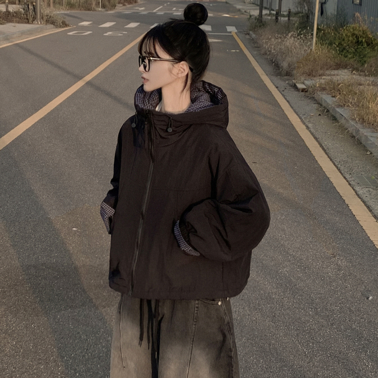 체크배색 양털 퍼후리스 누빔 퀄팅 오버핏 스트링 겨울점퍼 후드패딩 숏야상 자켓 블랙