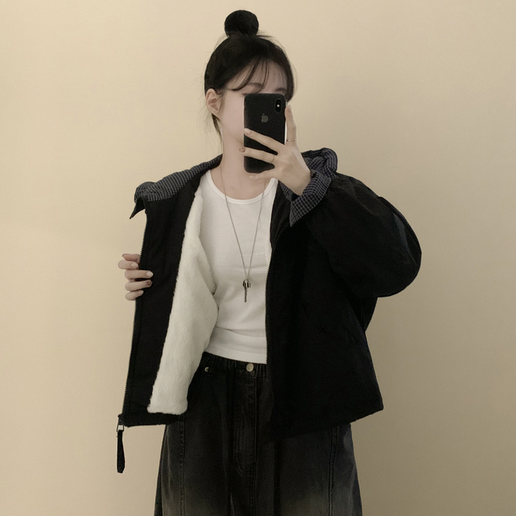 체크배색 양털 퍼후리스 누빔 퀄팅 오버핏 스트링 겨울점퍼 후드패딩 숏야상 자켓 블랙