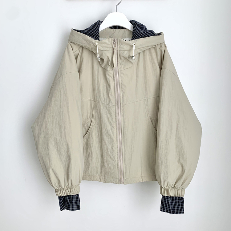 체크배색 양털 퍼후리스 누빔 퀄팅 오버핏 스트링 겨울점퍼 후드패딩 숏야상 자켓