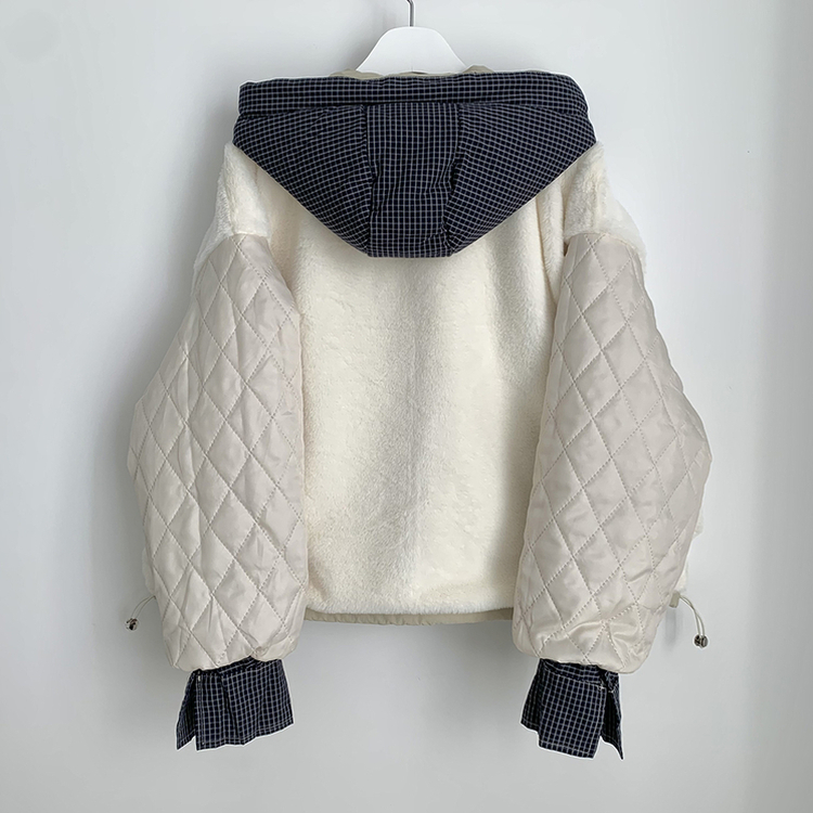 체크배색 양털 퍼후리스 누빔 퀄팅 오버핏 스트링 겨울점퍼 후드패딩 숏야상 자켓
