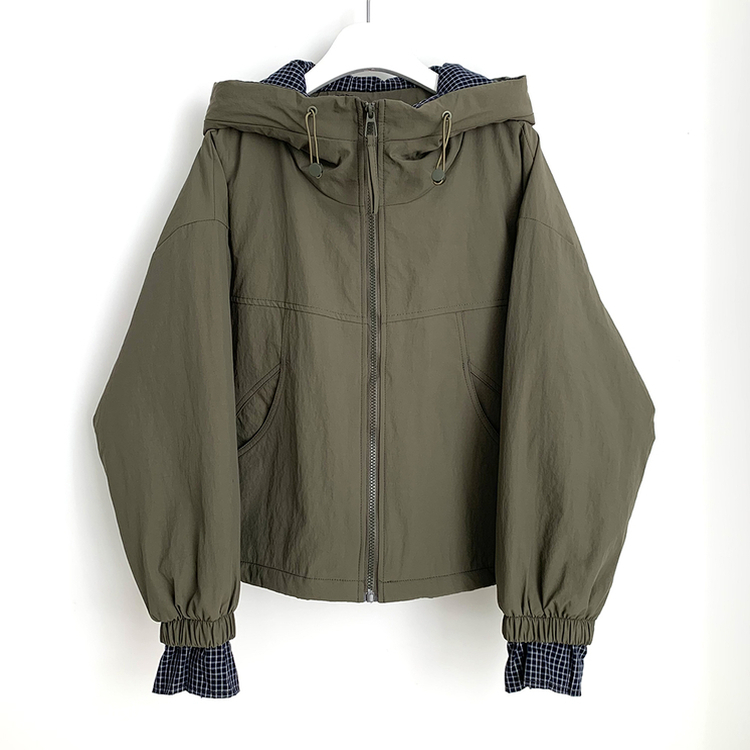 체크배색 양털 퍼후리스 누빔 퀄팅 오버핏 스트링 겨울점퍼 후드패딩 숏야상 자켓