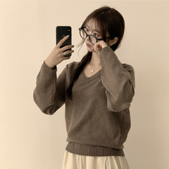 ラグランVネックワッペンニット(6color) BROWN