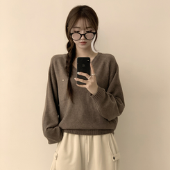 ラグランVネックワッペンニット(6color) BROWN