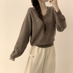 ラグランVネックワッペンニット(6color) BROWN