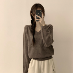 ラグランVネックワッペンニット(6color) BROWN