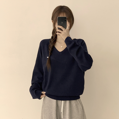 ラグランVネックワッペンニット(6color) NAVY