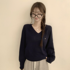 ラグランVネックワッペンニット(6color) NAVY