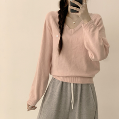 ラグランVネックワッペンニット(6color) PINK