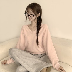 ラグランVネックワッペンニット(6color) PINK