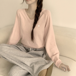 ラグランVネックワッペンニット(6color) PINK