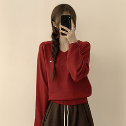 ラグランVネックワッペンニット(6color) RED