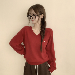 ラグランVネックワッペンニット(6color) RED