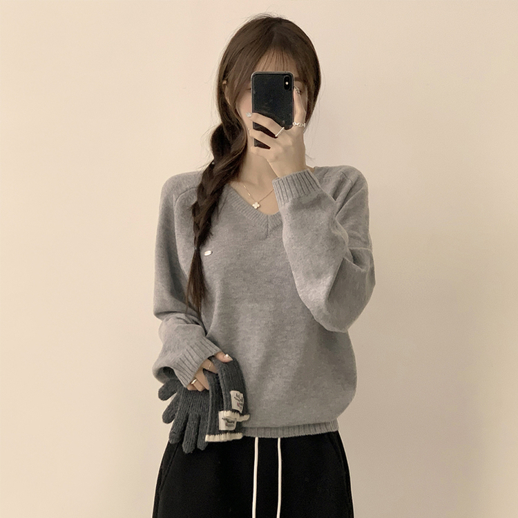 ラグランVネックワッペンニット(6color) GREY