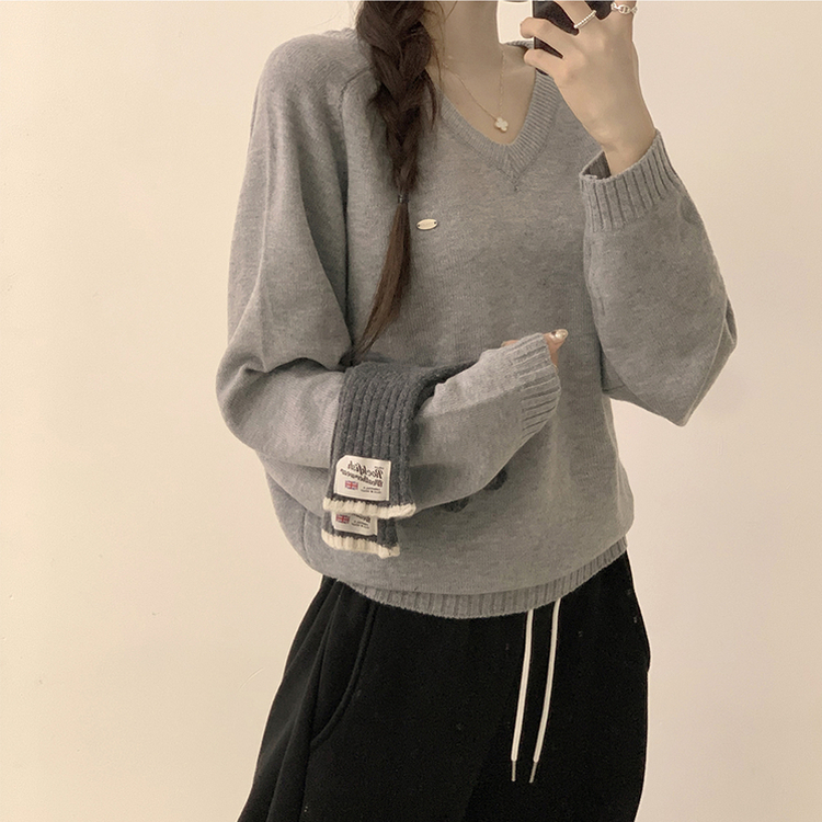 ラグランVネックワッペンニット(6color) GREY