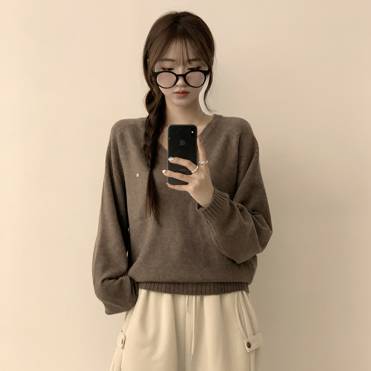 ラグランVネックワッペンニット(6color) BROWN