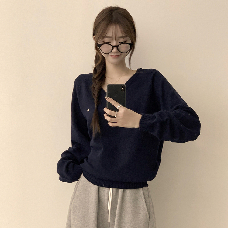 ラグランVネックワッペンニット(6color) NAVY