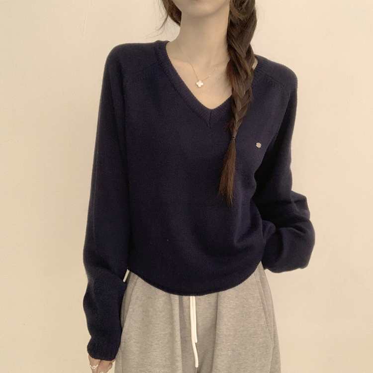 ラグランVネックワッペンニット(6color) NAVY