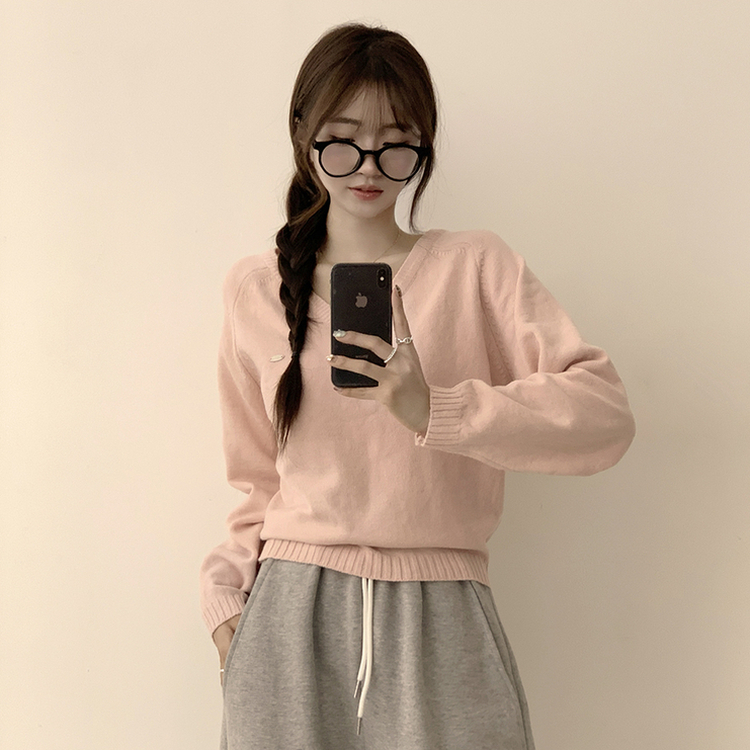 ラグランVネックワッペンニット(6color) PINK