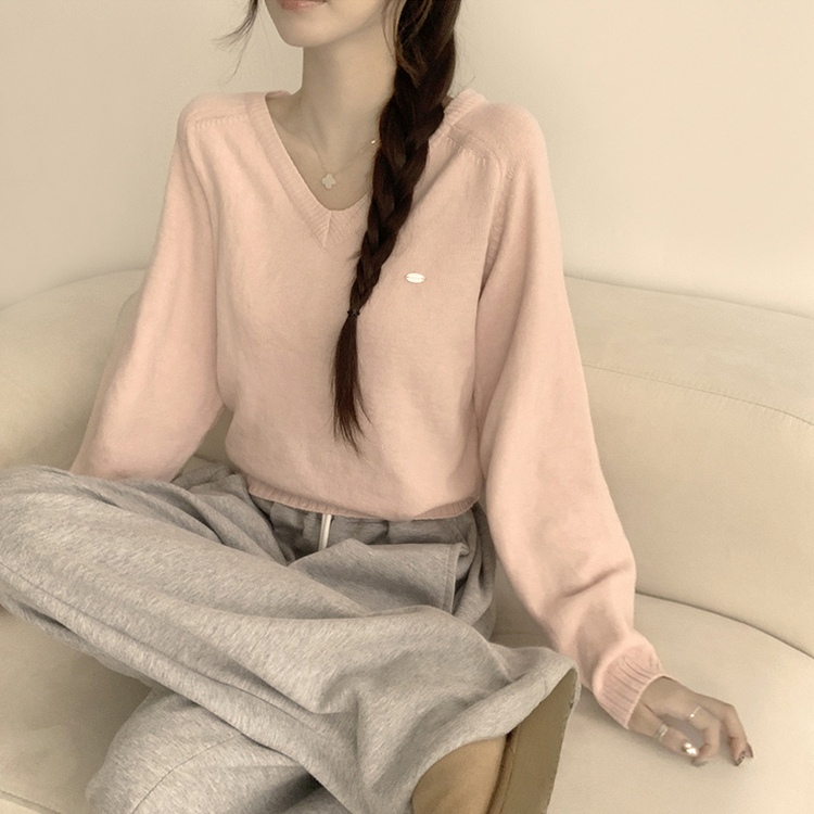 ラグランVネックワッペンニット(6color) PINK