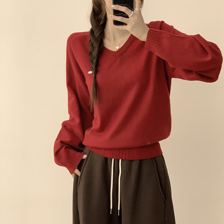 ラグランVネックワッペンニット(6color) RED