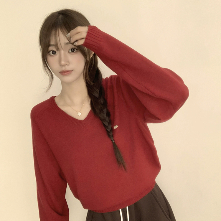 ラグランVネックワッペンニット(6color) RED