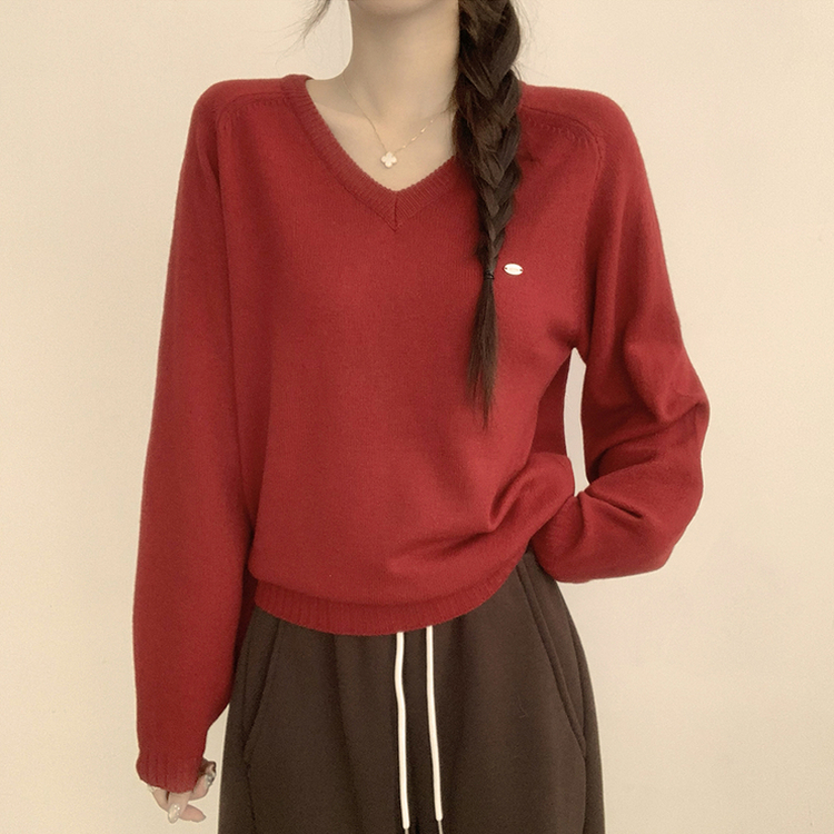 ラグランVネックワッペンニット(6color) RED