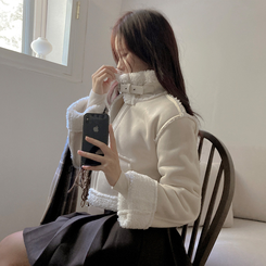 디얼 버클 스웨이드 양털 크롭 무스탕 아이보리