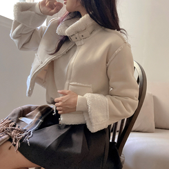 디얼 버클 스웨이드 양털 크롭 무스탕 아이보리