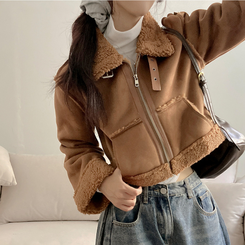 디얼 버클 스웨이드 양털 크롭 무스탕 브라운