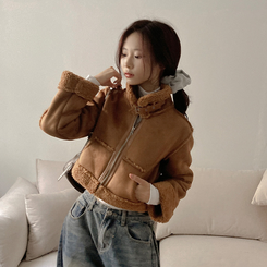 디얼 버클 스웨이드 양털 크롭 무스탕 브라운