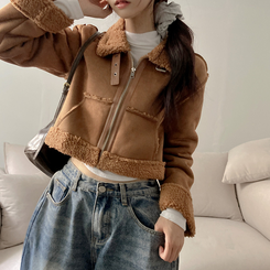 디얼 버클 스웨이드 양털 크롭 무스탕 브라운